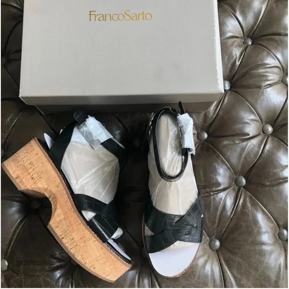 New Franco Sarto Sabello Platform Sandal cork Croc Embossed black animal print